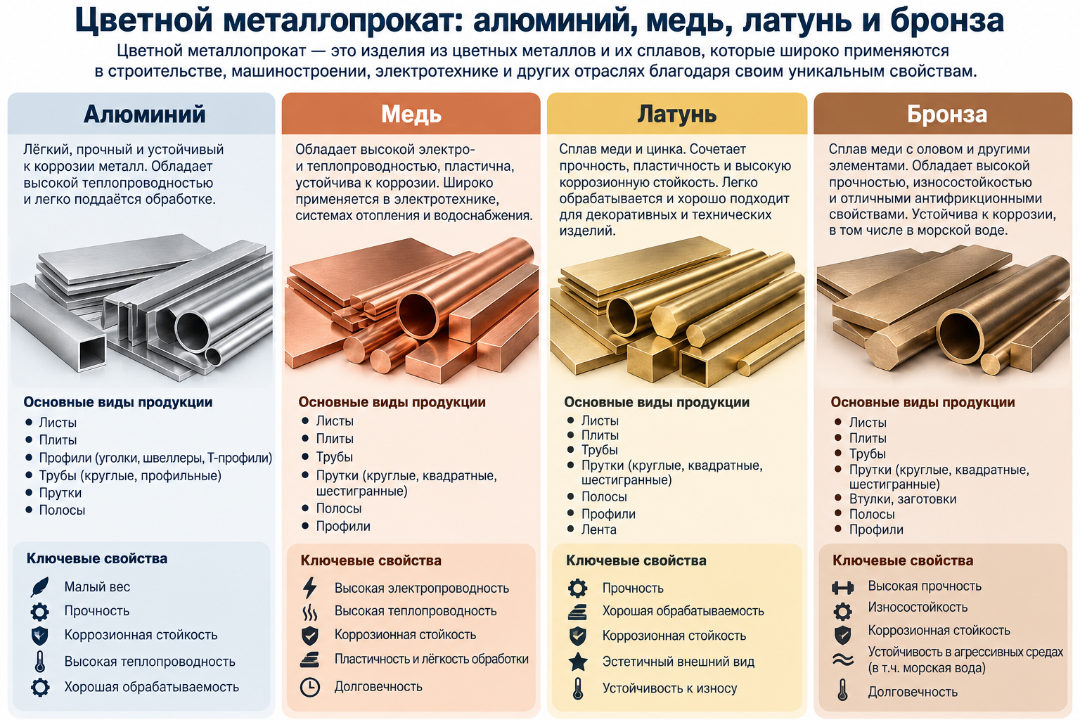 Цветной металлопрокат: алюминий, медь, латунь и бронза